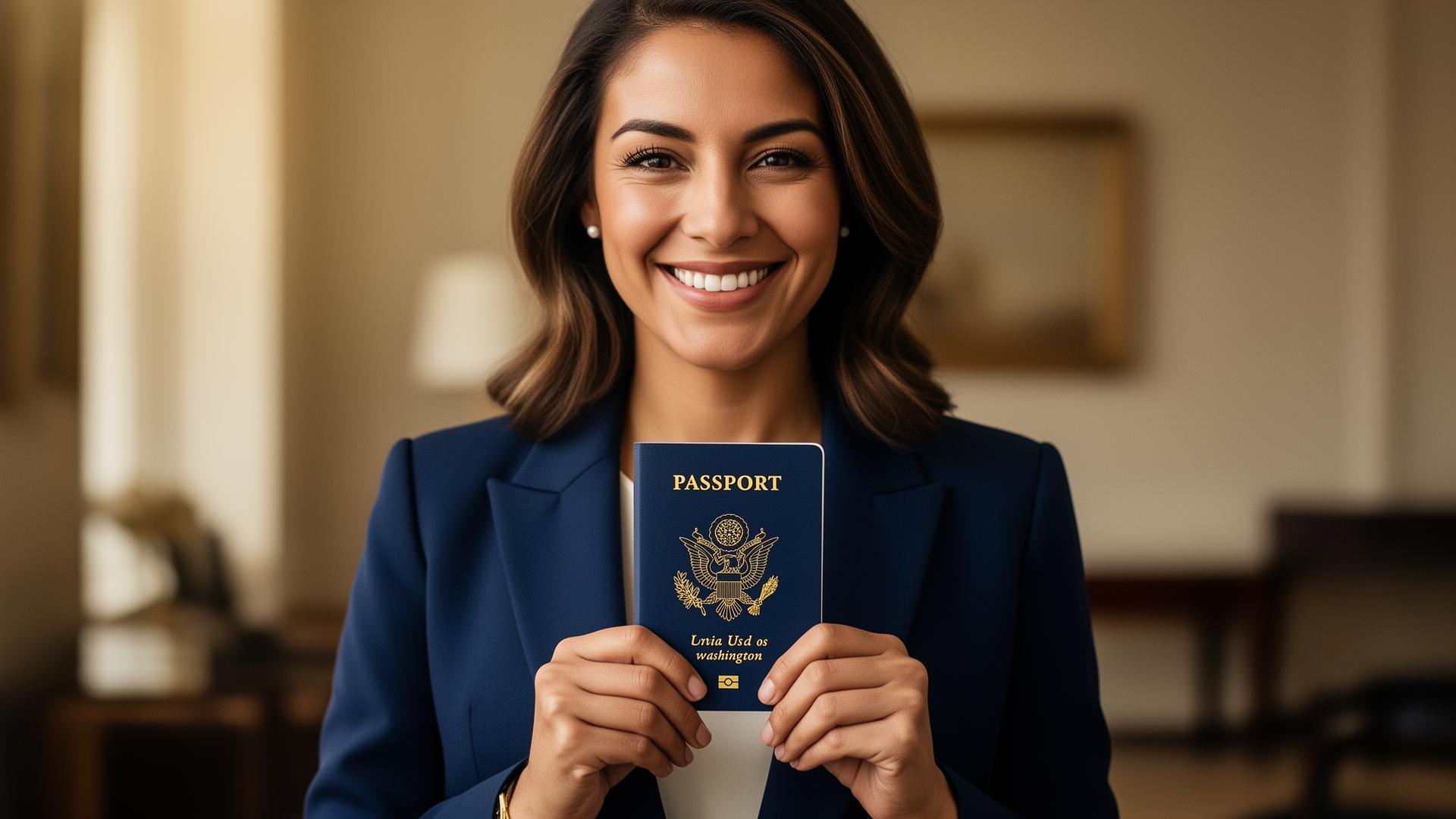 Smiling professional traveler holding a U.S. passport in a sunlit Washington DC office