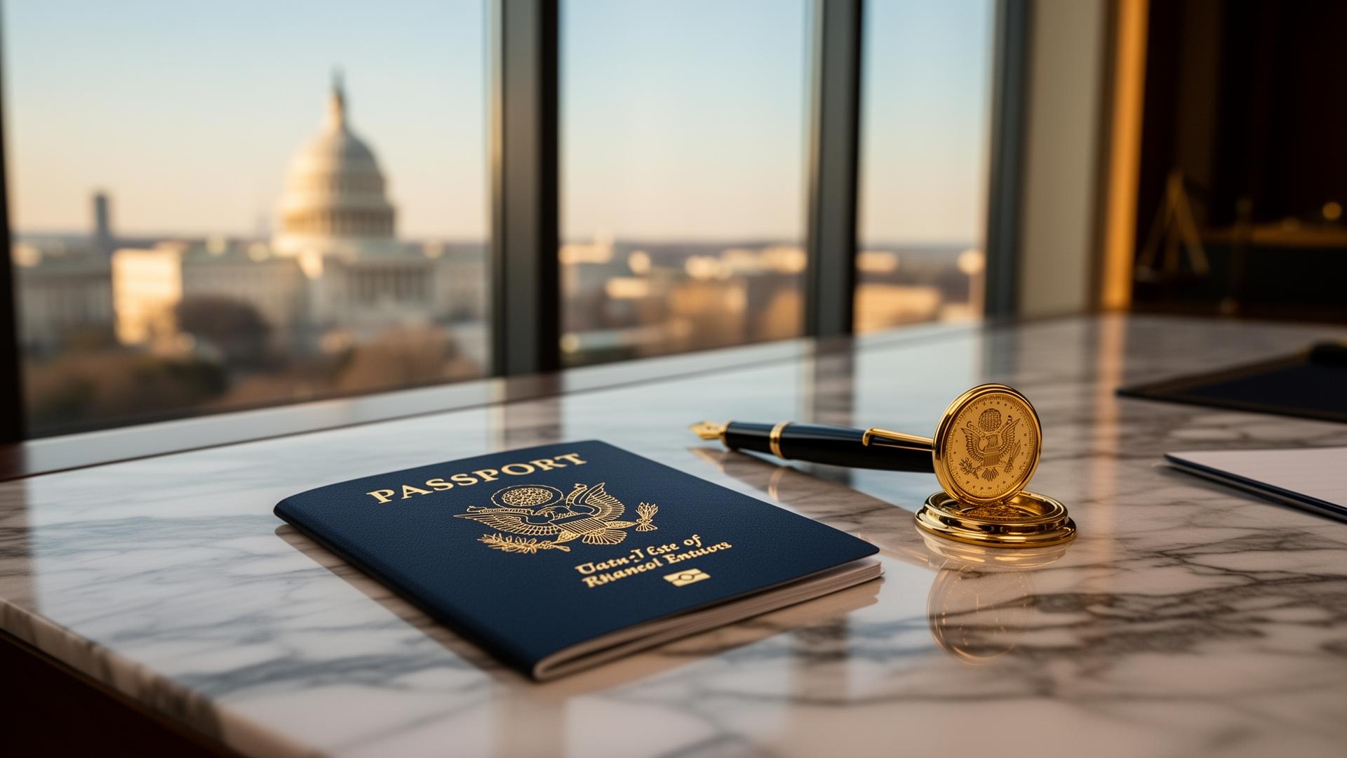 U.S. passport on a marble desk with the U.S. Capitol visible through a window