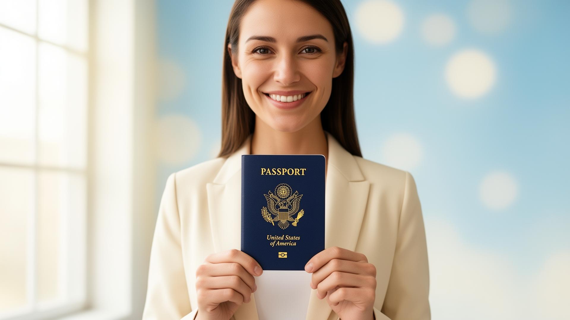 Smiling traveler holding a U.S. passport in bright natural light