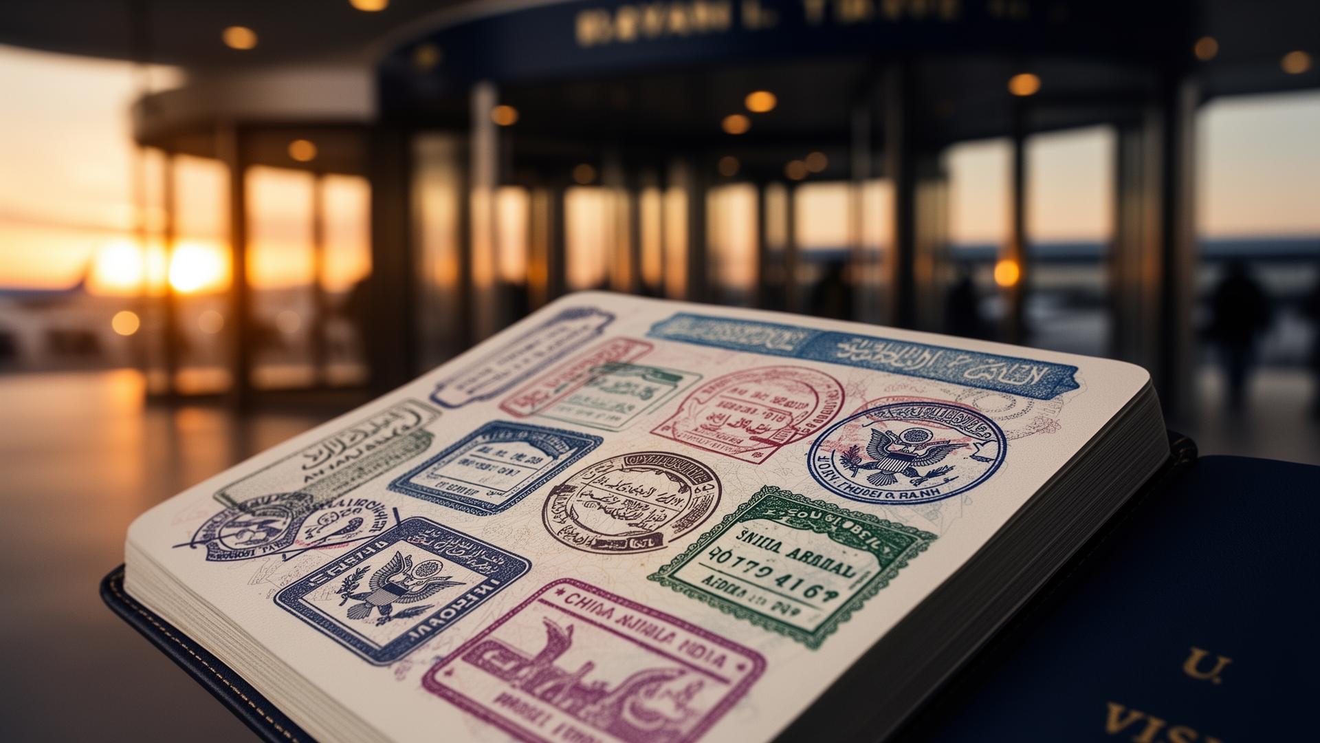 U.S. passport open to a page filled with international visa stamps from China, Saudi Arabia and India at golden hour