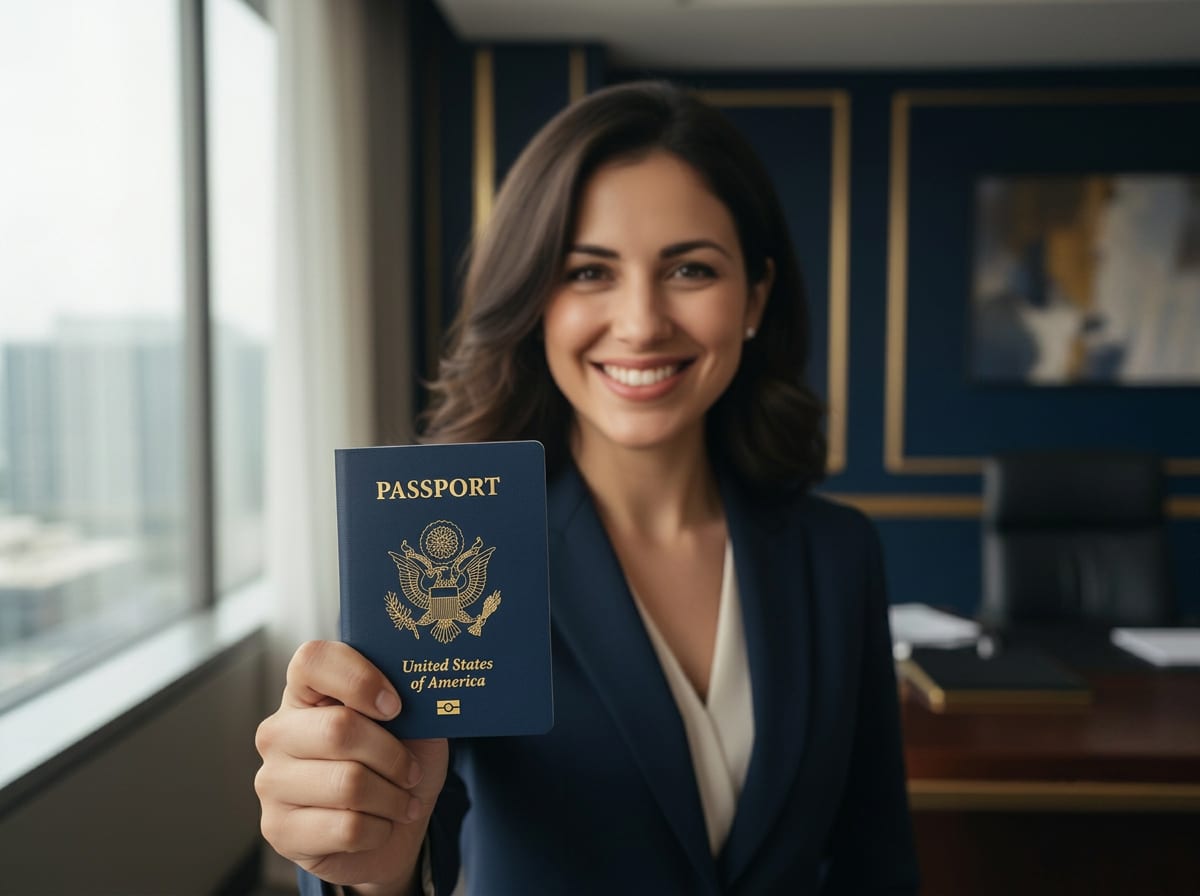 Smiling traveler holding a U.S. passport, ready to depart