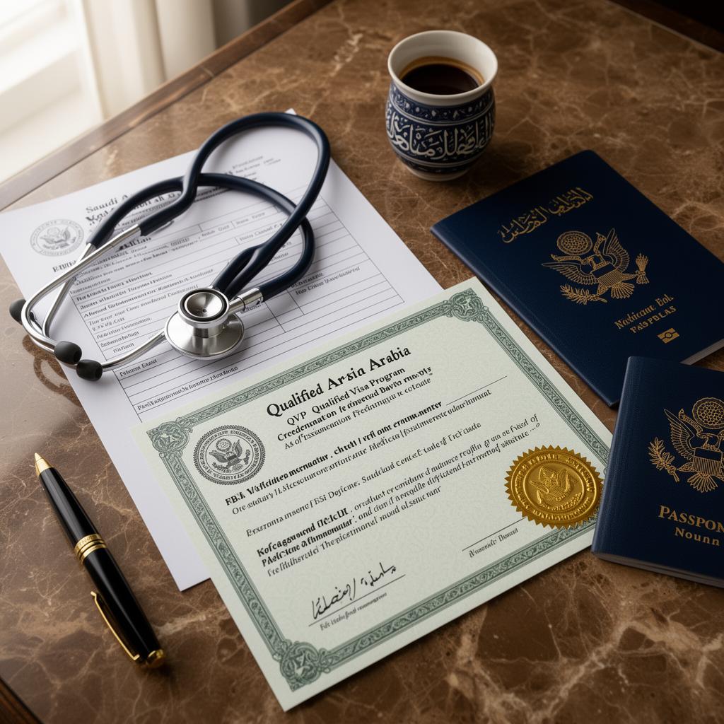 Editorial flat lay of a Saudi Arabia QVP credential certificate with gold seal, FBI background check, medical examination report with stethoscope, and U.S. passport on a marble desk